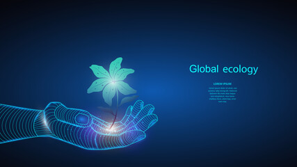 Vector illustration of artificial intelligence holding a plant in hand. Science, futuristic, web, network concept,communications, high technology. EPS 10