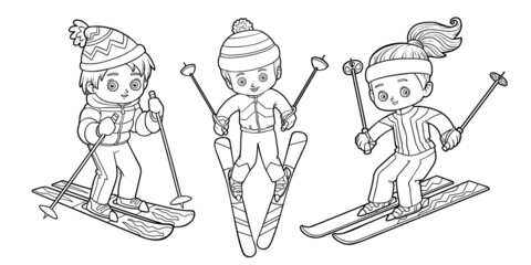 Coloring book, set of skiers. Black and white set of sports kids