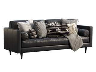 Mid-century tufted black leather upholstery sofa with pillows and throw plaid. 3d render.