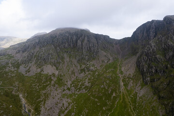 Aerial summer view in cloudy Scafell Pike, Lake District, United Kingdom