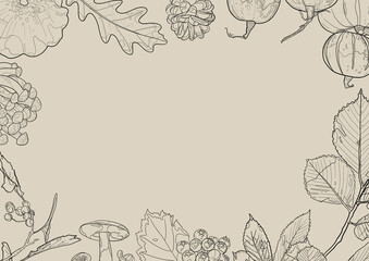 Autumn frame of pumpkins, mushrooms, leaves and berries on a gray background. Outline drawing. Copy space.