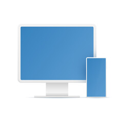 Monitor or computer and smartphone isolated on white background. Vector 3D illustration.