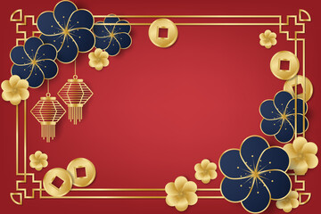 Chinese New Year festival banner design with flowers, lamps and Chinese coins on red background for your copy space.