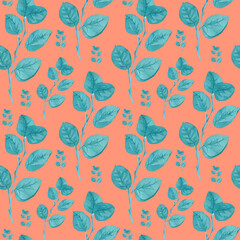 Seamless pattern with watercolor minimalist Turquoise eucalyptus on Calming Coral background.Repeating,botanical hand drawn print.Design for wrapping paper,packaging, social media,textiles,fabric.