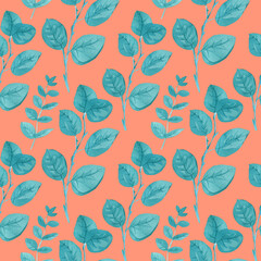 Seamless pattern with watercolor minimalist Turquoise eucalyptus on Calming Coral background.Repeating,botanical hand drawn print.Design for wrapping paper,packaging, social media,textiles,fabric.