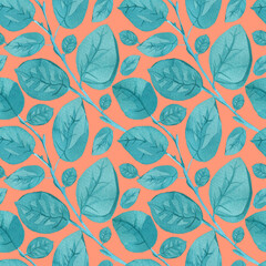 Seamless pattern with watercolor minimalist Turquoise eucalyptus on Calming Coral background.Repeating,botanical hand drawn print.Design for wrapping paper,packaging, social media,textiles,fabric.