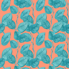 Seamless pattern with watercolor minimalist Turquoise eucalyptus on Calming Coral background.Repeating,botanical hand drawn print.Design for wrapping paper,packaging, social media,textiles,fabric.