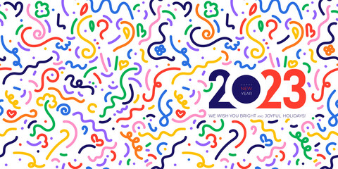 2023 New Year icon design template. 2023 number design template. 2023 Happy New Year symbols. Vector illustration with black and red label isolated on white background.