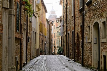 Fototapeta na wymiar Snow in an Ancient Medieval Hilltop Town in Central Umbria Italy