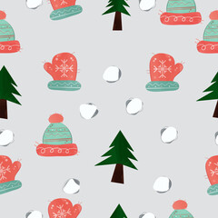 christmas seamless pattern with gloves, christmas tree and hat, vector illustration