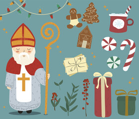 Set vector illustration pattern and set with green leaves, Ilex, cacao, letter, gingerbread cookies, gift and St. Nicholas. Dutch holiday Sinterklaas green background.