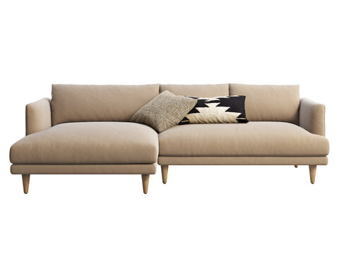 Chalet brown fabric upholstery sofa with chaise lounge. 3d render.