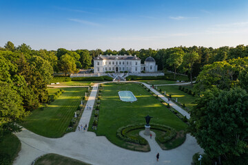 Aerial summer sunset view of historic palace in Palanga, Lithuania.