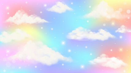 Holographic fantasy rainbow unicorn background with clouds. Pastel color sky. Magical landscape, abstract fabulous pattern. Cute candy wallpaper. Vector. © Chorna_L