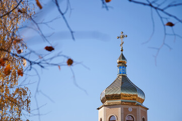 The dome of the Orthodox Church on a background of autumn sky