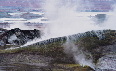 Fumaroles over the hills on Myvatn lake