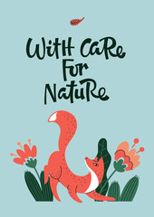 Vector illustration of fox walking near various plants and With Care For Nature inscription against blue background