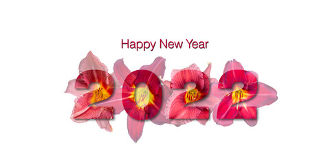 Bonne année 2022 - Lettres remplies de fleurs rouge, entourées de fleurs  sur fond blanc