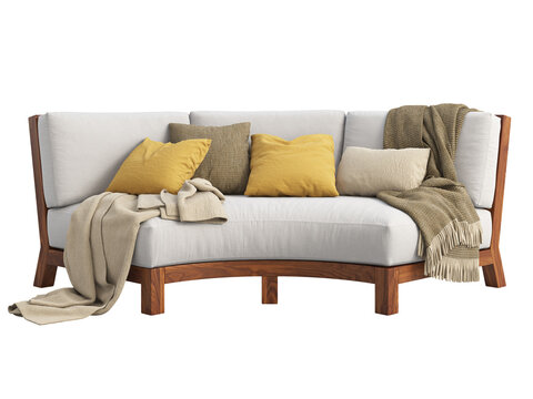 Modern semicircular outdoor sofa with pillows and throw plaids. 3d render