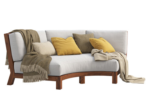 Modern semicircular outdoor sofa with pillows and throw plaids. 3d render
