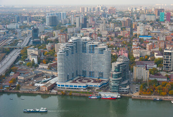 White Angel residential complex and Riverside-Don business center. View from the plane. Rostov-on-Don, October 18, 2021. 