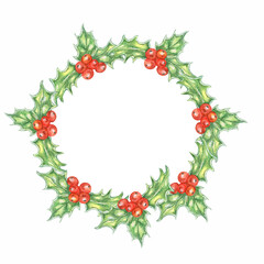 Hand drawn watercolor illustration.Holly berry wreath.