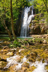 Beautiful waterfall in green forest among trees