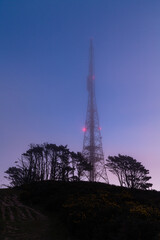 ニュージーランド　首都ウェリントンの霧がかかったマウント・カウカウの頂上にあるラジオ塔