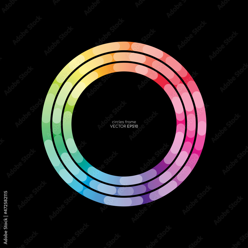 Poster colorful circle line rings swirl round frame spectrum colors isolated on black background for banner