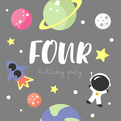 Space Party Invitation Card Template, Birthday Party in Cosmic Style Celebration, Greeting Card, Flyer Cartoon Vector. Kids illustration with planets, cosmonaut, rocket and number four.