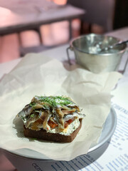 Smorrebrod, traditional Danish open sandwiches, dark rye bread