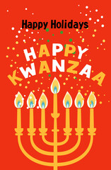 Happy Kwanzaa vector flat illustration candels on red background with confetti. African celebration cute design card.