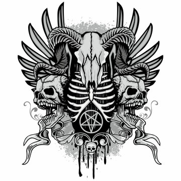 Gothic sign with horned skull, grunge vintage design t shirts