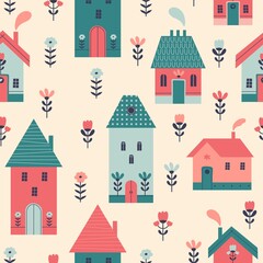 Urban landscape with cute tiny houses seamless pattern. Cityscape abstract background with scandi houses, small vintage buildings, and flowers. Colored vector illustration in Scandinavian style.