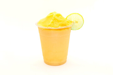 Peach slush with lemon slice served in a disposable cup.