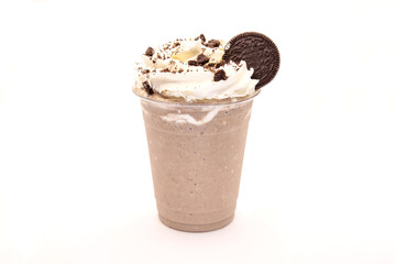 Cookies and cream frappe with whipped cream and biscuits.
