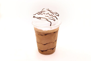 Chocolate flavoured milk shake with syrup drizzled on whipped cream.