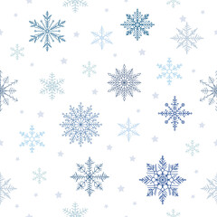 Pattern of snowflakes on white background. Variety vector snowflakes in flat style.