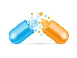 Zinc Zn blue and orange vitamin C with capsule solution serum. On white background. Natural cosmetics lotion for face or body. Beauty and Medicine Concepts. 3D Realistic Vector EPS10.