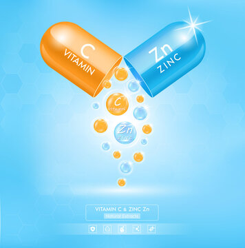 Zinc Zn blue and orange vitamin C with capsule solution serum. On white background. Natural cosmetics lotion for face or body. Beauty and Medicine Concepts. 3D Realistic Vector EPS10.