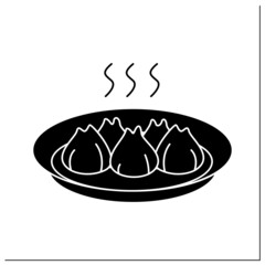 Shrimp dumplings glyph icon. Appealing hot and fresh Chinese fried seafood stuffed dumplings plate. Asian food and cooking site recipe. Filled flat signs. Isolated silhouette vector illustrations