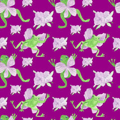 Seamless pattern with watercolor magic forest with fairy frogs on Velvet Violet background. Repeating, botanical hand drawn print.Design for wrapping paper, packaging, social media, textiles, fabric.