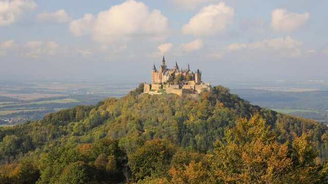 Hohenzollern Castle, Germany. View of the castle and surrounding countryside from the Albtrauf.