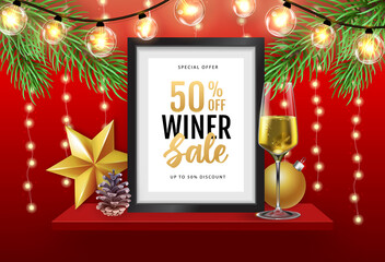 Winter sale poster with christmas holiday decorations. Chrisrmas background with string of lights. 3D interior design with black frame on red walll shelf.