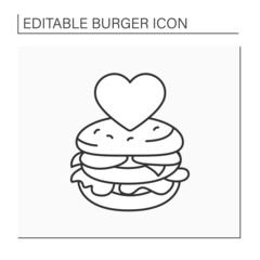 Burger lover line icon. Heart shape over burger. Love for unhealthy food.Fast food concept. Isolated vector illustration. Editable stroke