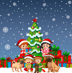 Snow falling scene with children and dogs in Christmas theme