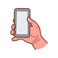 Hand holding a phone. Сolor vector in hand drawn style.