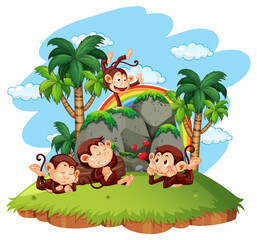 Isolated island with naughty monkeys - obrazy, fototapety, plakaty