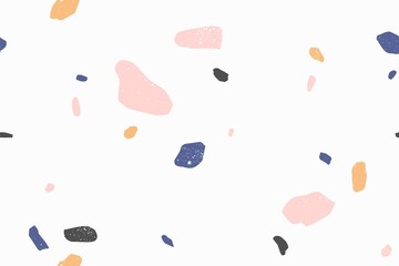 Terrazzo modern vector seamless pattern. Granite fragments, irregular shapes abstract backdrop. Chaotic mosaic small pieces on white background. Stones texture. Marble textile, tile design.