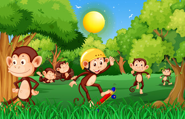 Fototapeta na wymiar Forest scene with funny monkeys cartoon